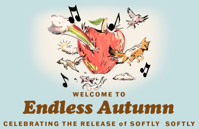 Welcome to Endless Autumn, celebrating the release of Softly Softly. A watercolour apple with music notes, birds, a fox and a rainbow bursting from it.