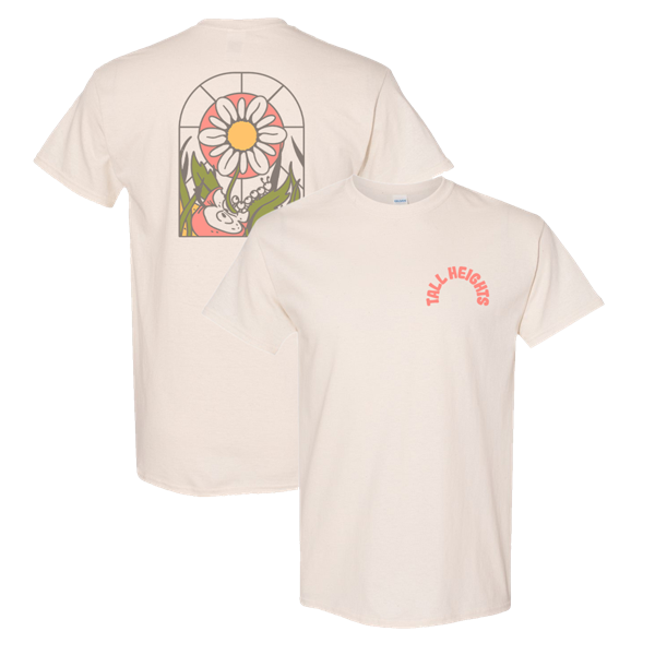Navy Tall Heights t-shirt with an illustrated apple and arched lettering.