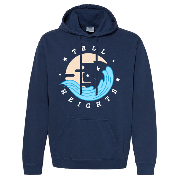 Navy Tall Heights hoodie with a circular wave-and-moon crest.
