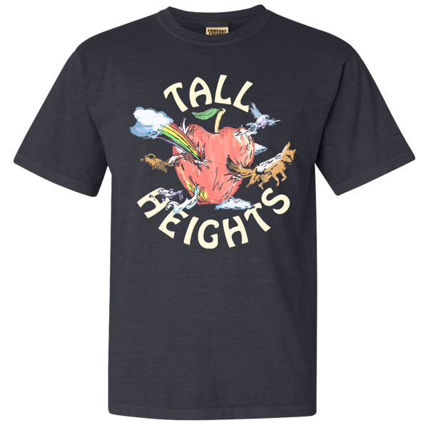 Cream Tall Heights t-shirt with a daisy and window illustration on the back.